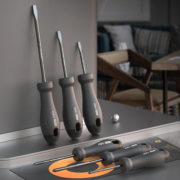 Набор отверток "Home Series Gray" Deli HT1006C 6шт SL3x75+SL5x100+SL6x150+PH0x75+PH1x100+PH2x150, эксклюзивный дизайн, рукоятка из высококачественного софттач пластика фото 4