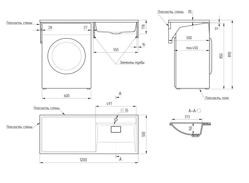 Раковина над стиральной машиной Uperwood Magenta, 120 см, правая фото 5