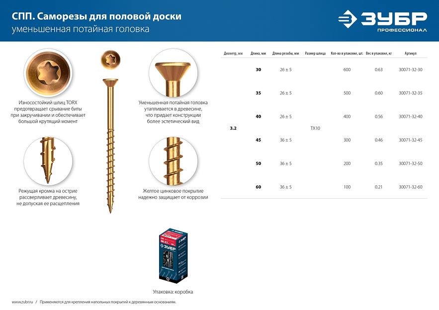 ЗУБР СПП, 30 х 3.2 мм, TX10, цинк 600 шт (0,6 кг.), саморез для половой доски и паркета, Профессионал (30071-32-30) фото 7