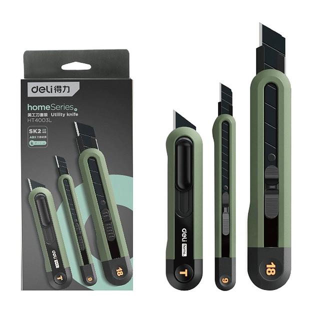 Нож Deli Набор технических ножей "Home Series Green" Deli HT4003L (ножи 9мм+18мм+Т-образный), эксклюзивный дизайн, корпус из высококачественного софттач пластика фото 1