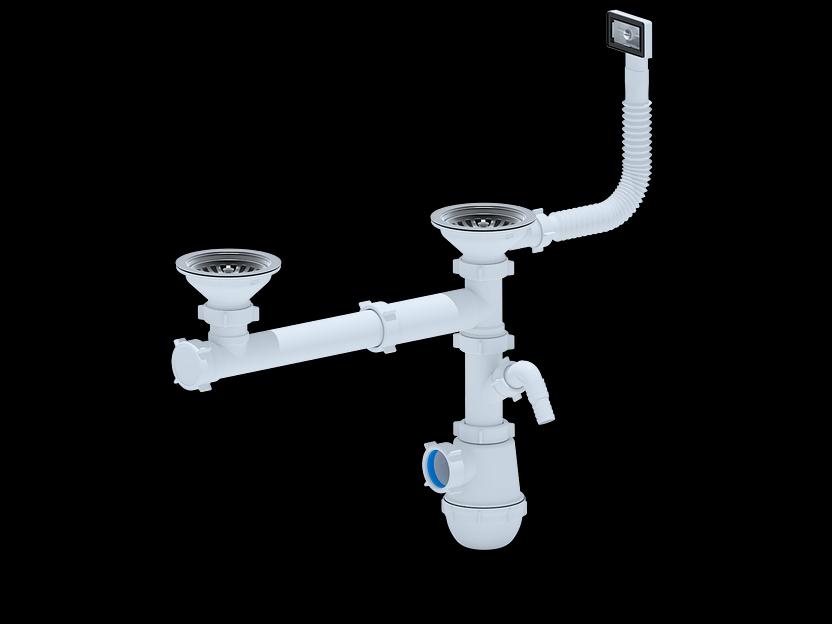 Cифон для мойки АНИ Грот 3 1/2'X40 двойной одноуровневый смещенный с гибким переливом и отводом стиральной машины фото 1