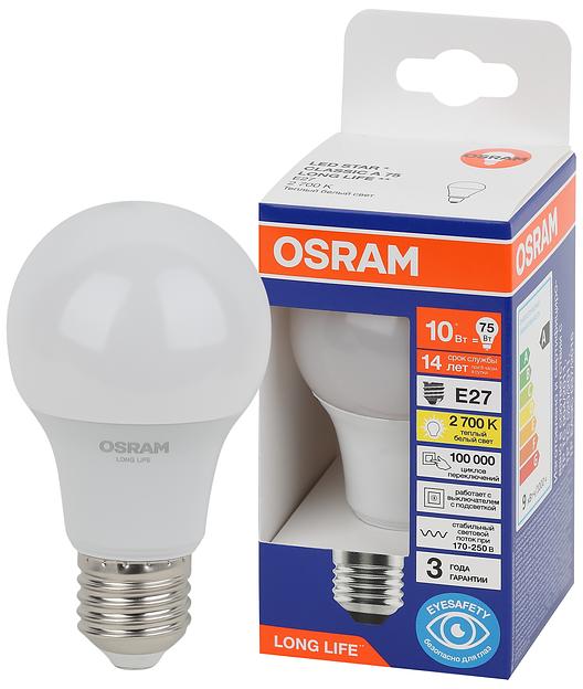 Лампа светодиодная LED 10Вт Е27 2700К 806Лм груша 220В (замена 75Вт) OSRAM фото 1