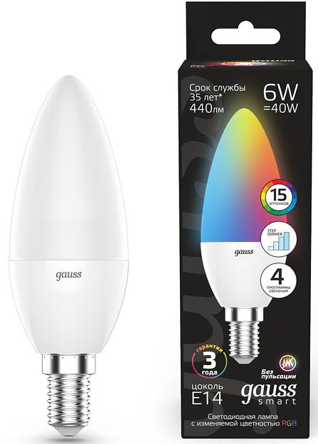 Лампа светодиодная Gauss 103101406 6Вт цок.:E14 свеча 220B св.свеч.RGB (упак.:1шт) фото 1