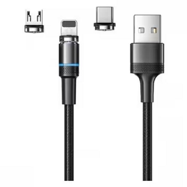 Rexant (18-7076) Кабель USB 3в1 Type-С (2A), Lightning (2,4A), Micro USB (2A), 1,2м, в черной оплетке, с LED подсветкой фото 1