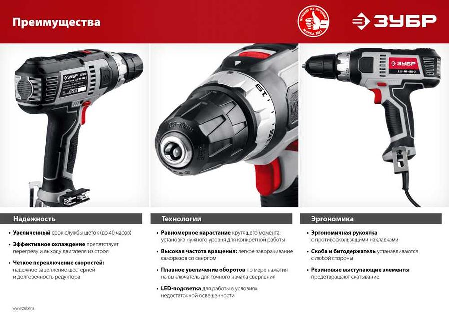 Дрель-шуруповерт Зубр ДШ-М1-400 400Вт патрон:быстрозажимной фото 8