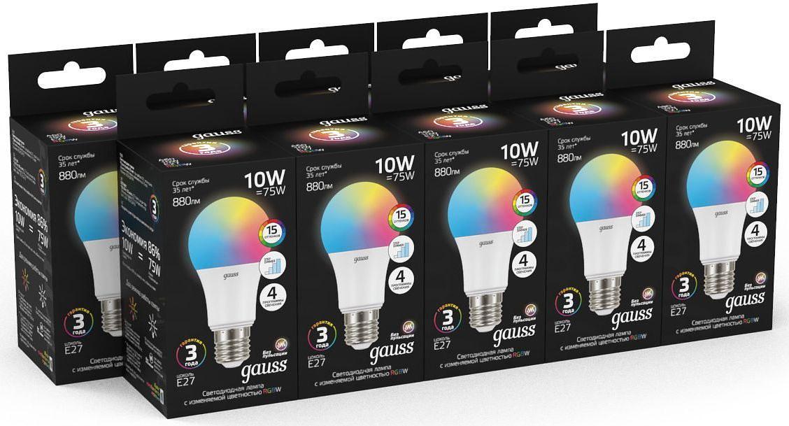Лампа светодиодная Gauss 102102410 10Вт цок.:E27 груша 220B св.свеч.RGB A60 (упак.:1шт) фото 5