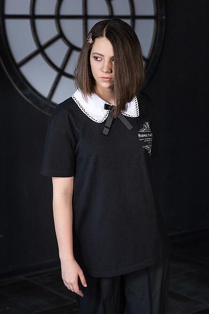 Трикотажная чёрная блузка с кружевным белым воротничком и принтом для девочки ОПТ фото 3