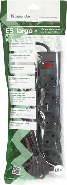 Сетевой фильтр Defender ES largo 1,8 м, черный, 5 розеток (пакет) Defender ES largo (1.8 м, 5 розеток) (99497) фото 1