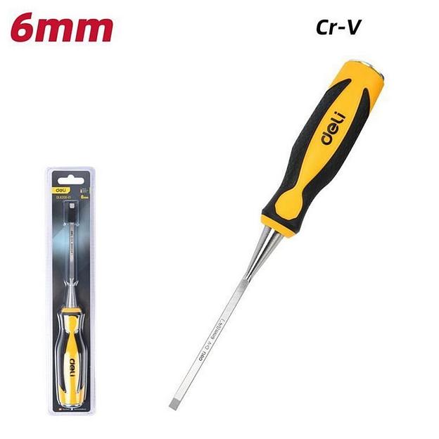 Стамеска плоская Deli DL6206-E1 ширина 6мм, длина 140мм, CrV, прорезиненная рукоять фото 1