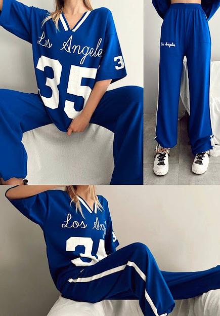 Спортивный костюм женский оверсайз с коротким рукавом, синий ОПТ фото 1