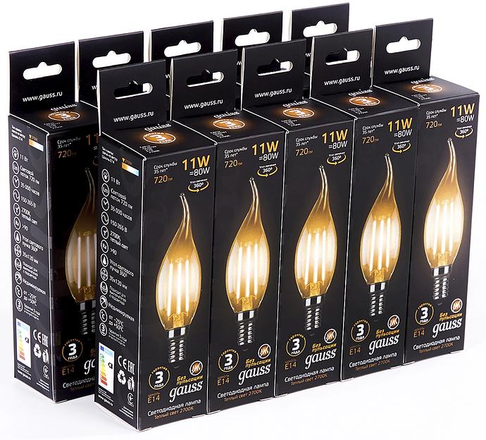 Лампа филам. Gauss Filament 11Вт цок.:E14 свеча 220B св.свеч.бел.теп. CF35 (упак.:10шт) (104801111) фото 3