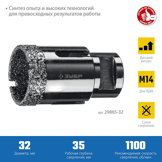 ЗУБР АВК, d 32 мм, (М14, 15 мм кромка), вакуумная алмазная коронка, Профессионал (29865-32) фото 3