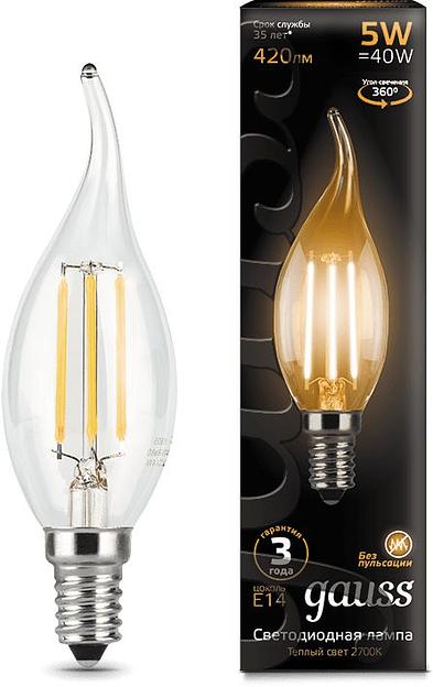 Лампа филам. Gauss Filament 5Вт цок.:E14 свеча 220B 2700K св.свеч.бел.теп. (упак.:10шт) (104801105) фото 2