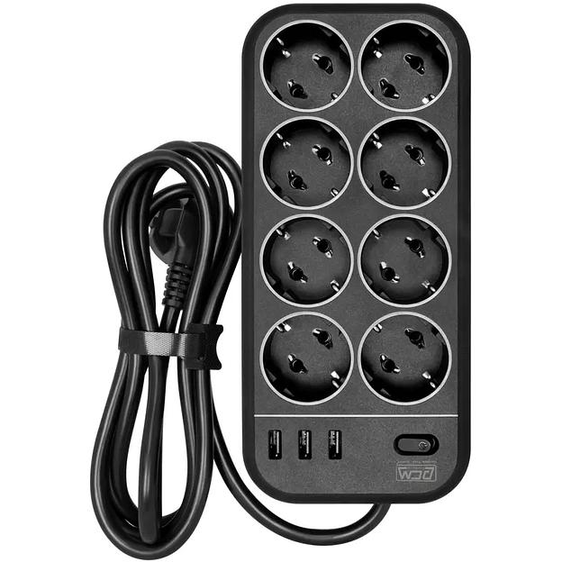 Фильтр-удлинитель PowerCom SP-08 USB03AB 1.8M, 8 розеток, черный, 16А, 4кВт, 175Дж, 3*USB, защитные шторки, защита от КЗ, перегрузки, ВЧ и импульсных помех, кабель 3x1 мм2, ШхГхВ 230х105х45 мм, вес 0.55 кг. Powercom SP-08 USB03AB 1.8M фото 1
