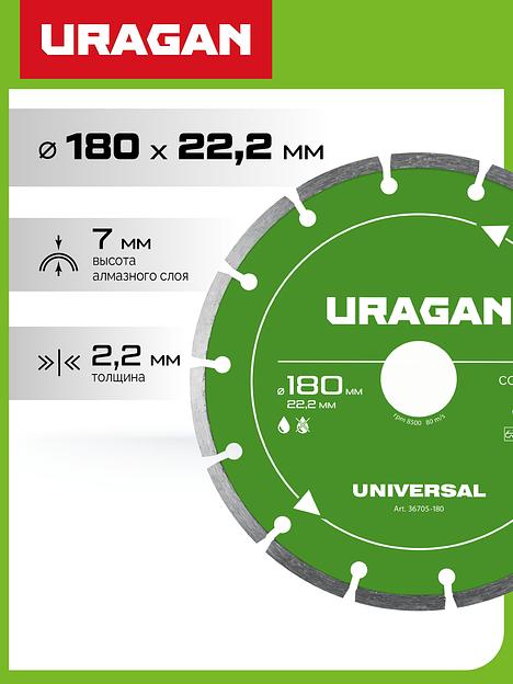 URAGAN UNIVERSAL 180 мм, диск алмазный отрезной сегментный (36705-180) фото 2