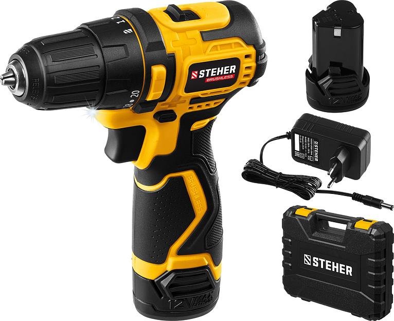 STEHER 12 В, 35 Н·м, 2 АКБ (2 А·ч), бесщеточная дрель-шуруповерт, кейс (CDB-120-2) фото 1