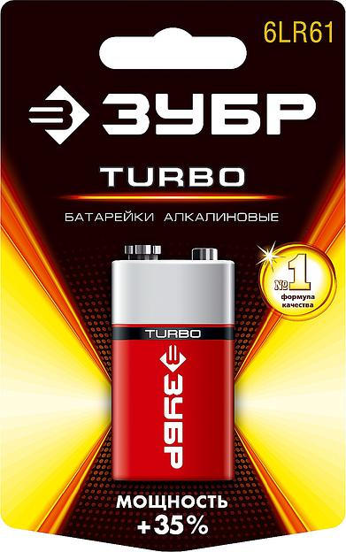 ЗУБР TURBO, 6LR61 (крона), 1 шт, 9 В, алкалиновая батарейка (59219) фото 1
