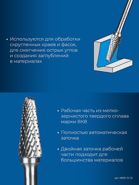 ЗУБР 10х25 мм, тип L (конус с закругленным углом 28°, радиус 2.2 мм), хв-к 6 мм, твердосплавная борфреза, ПРОФЕССИОНАЛ (28810-10-25) фото 7