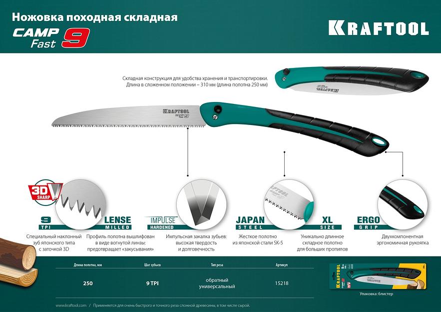 KRAFTOOL Camp Fast 9, 250 мм, ножовка для быстрого реза сырой древесины (15218) фото 10