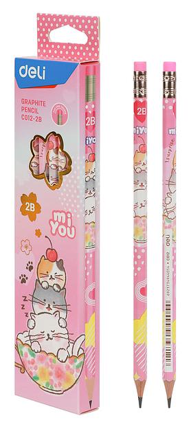 Карандаш чернографит. Deli MiYou EC012-2B 2B шестигран. ластик корпус ассорти коробка картонная (12шт) фото 5