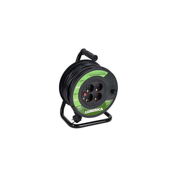 Удлинитель силовой IEK УК30, розеток 4шт, 3x1.5 кв.мм, 16A, 30м, ПВС, катушка, черный [wkp20-16-04-30-g] фото 1