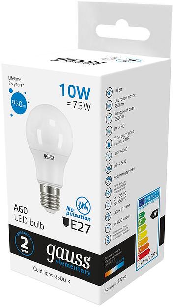 Лампа светодиодная Gauss Elementary 10Вт цок.:E27 груша 220B 6500K св.свеч.бел.хол. A60 (упак.:10шт) (23230) фото 3