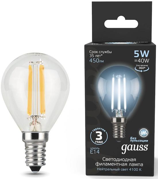 Лампа филам. Gauss Filament 5Вт цок.:E14 свеча 220B 4100K св.свеч.бел.нейт. (упак.:1шт) (105801205) фото 1