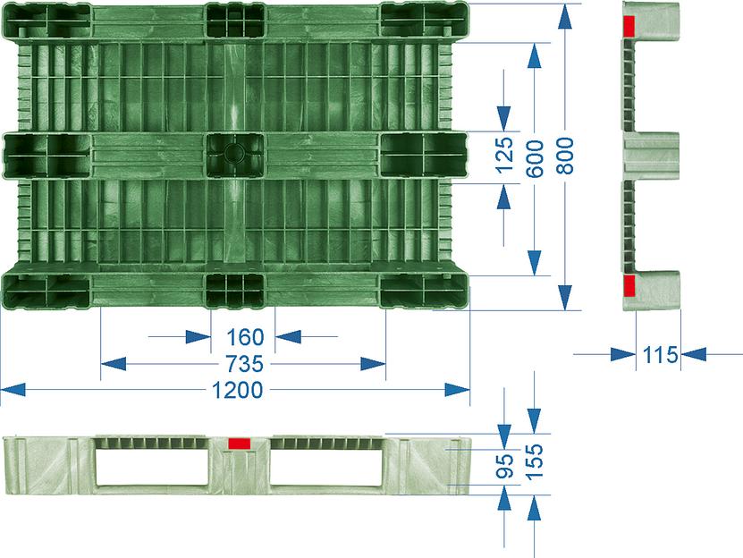 Паллет 1200х800х150 мм (усиленный сплошной на 3-х полозьях) зеленый фото 2