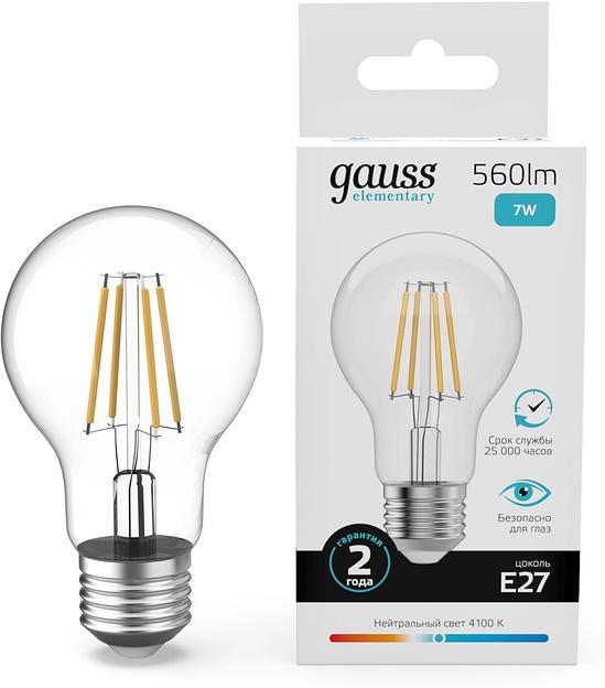Лампа филам. Gauss Filament 7Вт цок.:E27 груша св.свеч.бел.нейт. (упак.:10шт) (22227) фото 1