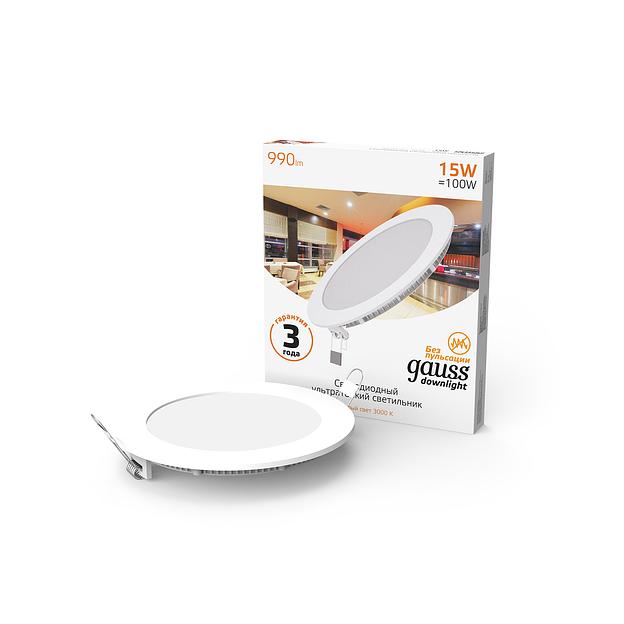 Светильник светодиодный встраиаемый LED ДВО 15 Вт 990 Лм 3000К IP20 d170х22 мм монт d155 мм Slim Gauss фото 2