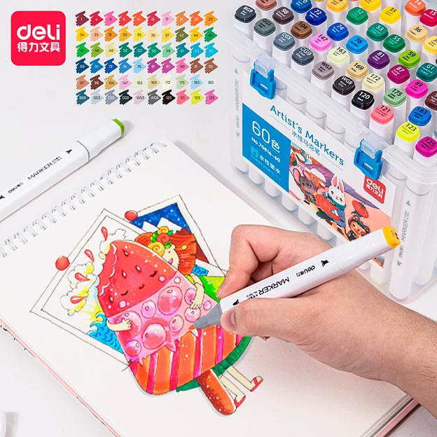 Набор маркеров для скетчинга Deli 70816-60 двойной пиш. наконечник 60цв. пластиковая коробка (60шт.) фото 2