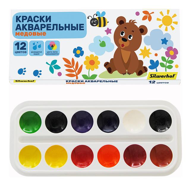 Краски акварельные Silwerhof 961139-12 Веселые друзья медовые 12цв. без кисти картон.кор. фото 1