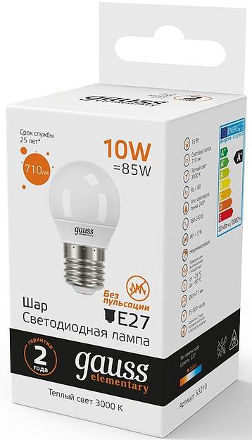 Лампа светодиодная Gauss Elementary 10Вт цок.:E27 шар 220B 3000K св.свеч.бел.теп. (упак.:10шт) (53210) фото 5