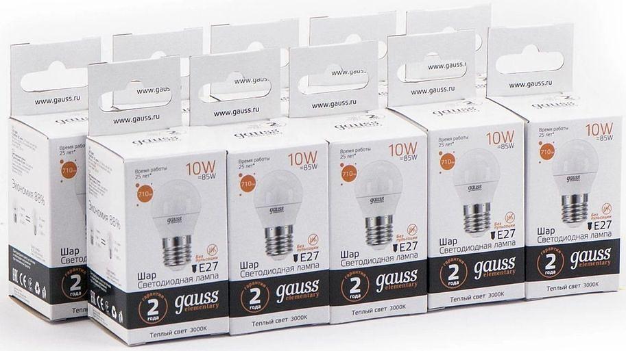 Лампа светодиодная Gauss Elementary 10Вт цок.:E27 шар 220B 3000K св.свеч.бел.теп. (упак.:10шт) (53210) фото 1
