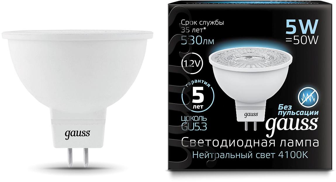 Лампа светодиодная Gauss Black 5Вт цок.:GU5.3 рефлек. 12B 4100K св.свеч.бел.нейт. MR16 (упак.:10шт) (201505205) фото 2