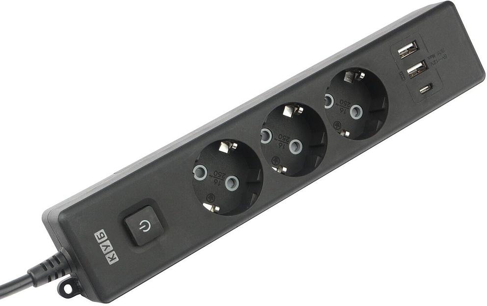 PowerCube Бытовой удлинитель (PC-6B-2M) 3р с/з вык.,3USB, 3500 Вт, 16А, 1.9 м, 3*1,0 (черный) {22310} фото 3