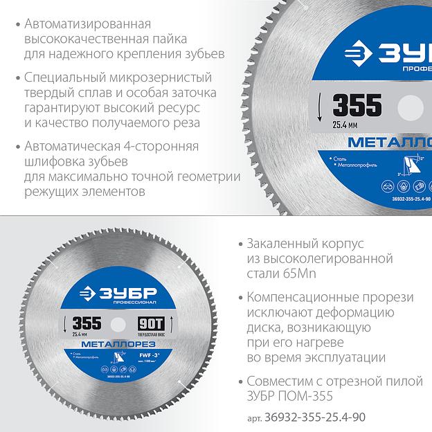 ЗУБР Металлорез, 355 х 25.4 мм, 90Т, пильный диск по металлу и металлопрофилю, Профессионал (36932-355-25.4-90) фото 4