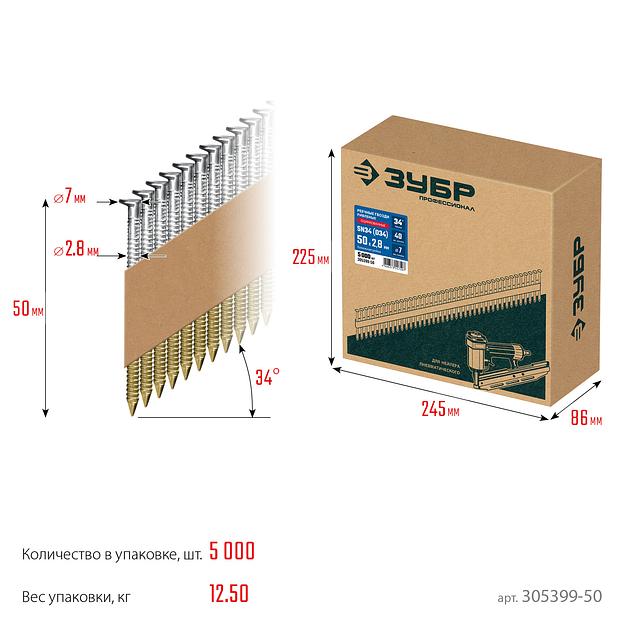 ЗУБР SN34 (D34) 50 х 2.8 мм, реечные гвозди рифленые оцинкованные, 5000 шт (305399-50) фото 5