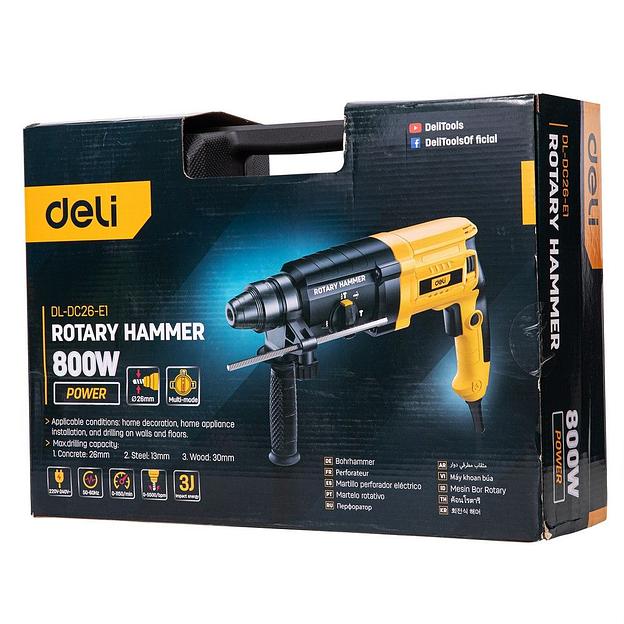 Перфоратор Deli DL-DC26-E1 (800Вт, 3Дж, 5500уд/мин, 1150об/мин, кейс, в комплекте 3 бура,пика, долото) фото 6