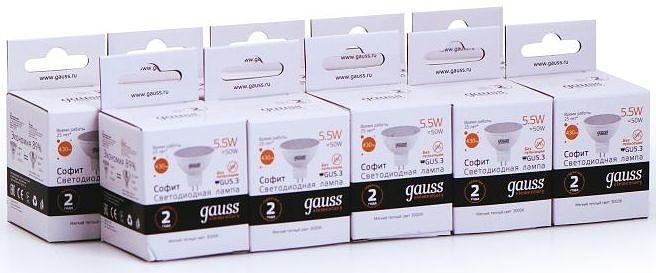 Лампа светодиодная Gauss Elementary MR16 5.5Вт цок.:GU5.3 спот 220B 3000K св.свеч.бел.теп. (упак.:10шт) (13516) фото 2