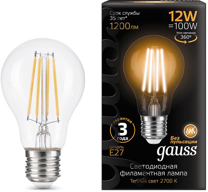 Лампа светодиодная Gauss Filament 102902112 12Вт цок.:E27 груша 185B св.свеч.бел.теп. грушевидная (упак.:10шт) фото 1