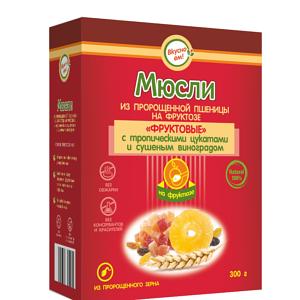 Мюсли из пророщенной пшеницы на фруктозе ВкусноЕМ «Фруктовые» с тропическими цукатами и сушеным виноградом 300 г ОПТ фото 1