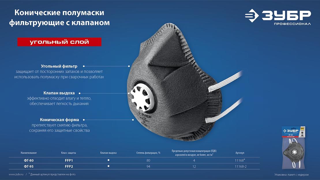 ЗУБР ФГ-80 коническая, с угольным слоем, класс защиты FFP1, с клапаном выдоха, фильтрующая полумаска (11168) фото 7