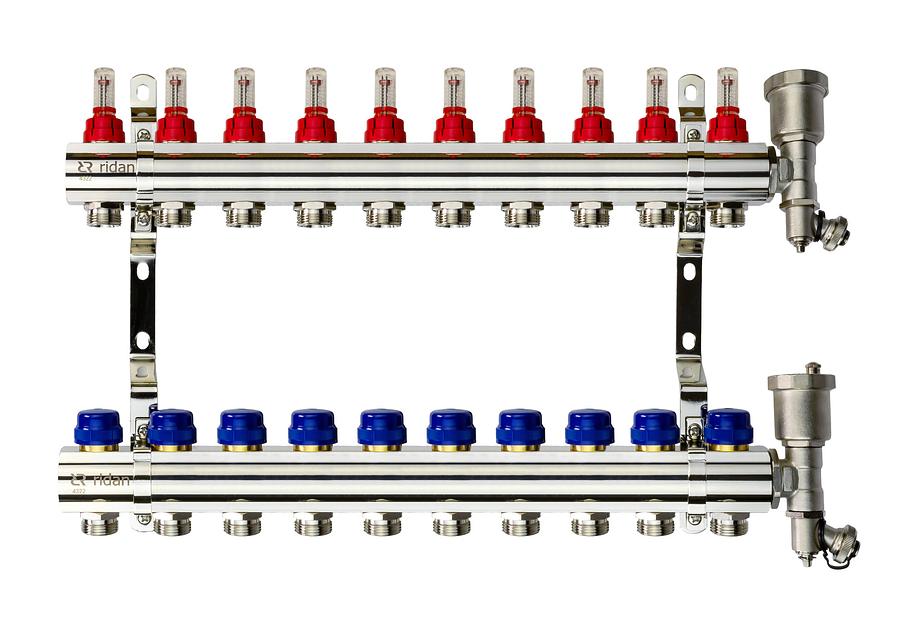 Коллекторная группа FHF-10RF set 10 контуров 1'x3/4' с расходомерами, воздухоотводчиками и кронштейнами фото 1