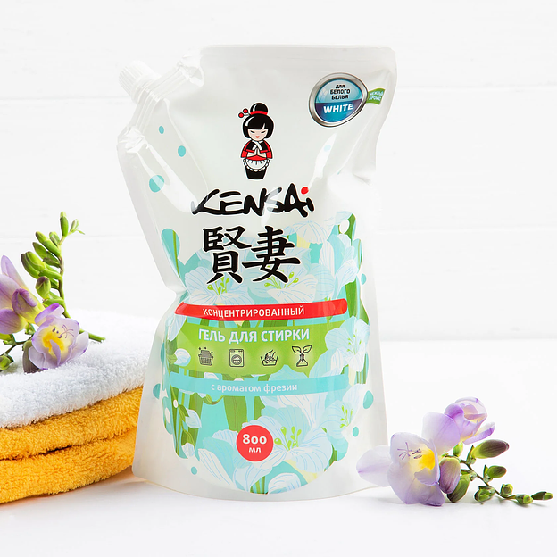 Средство моющее синтетическое жидкое (концентрированный гель) Kensai для стирки белого белья с ароматом фрезии, сменный блок 800 мл опт фото 1