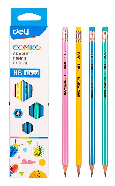 Карандаш чернографит. Deli EC011-HB Comiko HB шестигран. липа ластик коробка картонная (12шт) фото 1