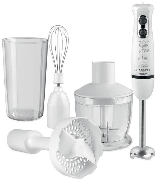 Кухонный процессор-блендер, Scarlett, SC-HB42M33, Мощность 700 Вт, 2 скоростных режима, Емкость измельчителя 0,6 л, Мерный стакан 0.6л, Венчи, Белый фото 1