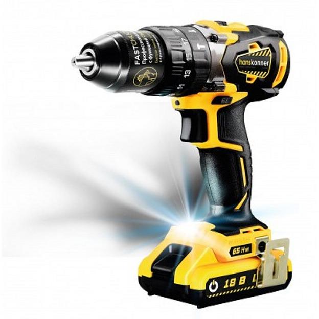 Hanskonner HCD1865BLI Дрель акк [HCD1865BLI] { б/щ,УДАР, 18В, Li-Ion,2скор,2 акк.2,4 Ач, 65Нм,13мм,БЫСТР.ЗАРЯД } фото 1