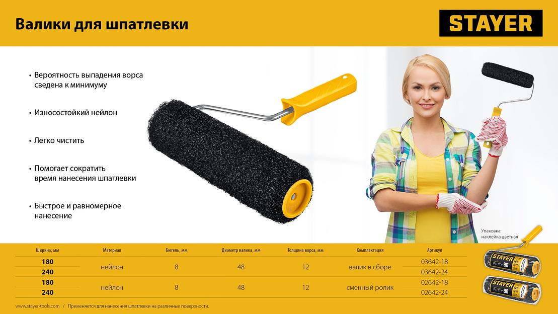 STAYER PUTTY 80 мм, 240 мм, 8 мм ручка, ролик для шпатлевки, PROFESSIONAL (02642-24) фото 8