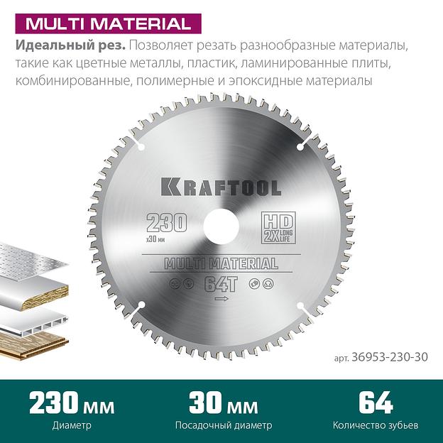 KRAFTOOL Multi Material, 230 х 30 мм, 64Т, пильный диск по алюминию (36953-230-30) фото 3